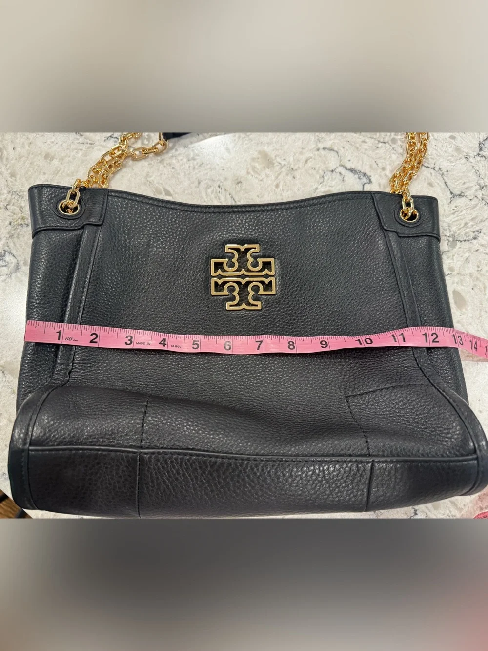 Tory Burch Black Leather Shoulder Tote with Gold Logo & Chain
